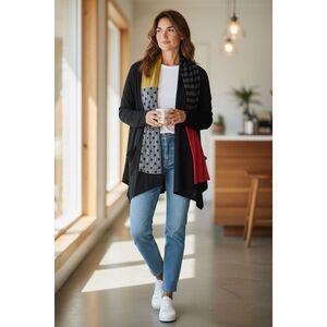 Alembika Black Artsy Drape Cardigan Jacket Lagenlook Style Made in Israel Sz 6